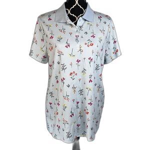 Lands End Blue Gingham Floral Collared Short Sleeve Golf Casual Shirt Size Large
